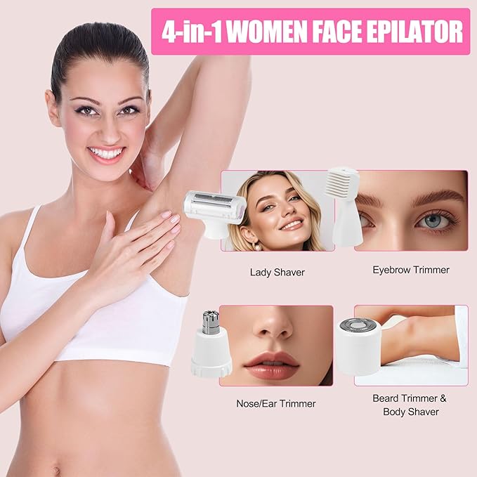 Women Face Epilator, 4-in-1 Body Shaver and Facial Epilator, Hair Removal for Face, Waterproof Facial Hair Remover for Armpits, Arms, Legsm, Bikini