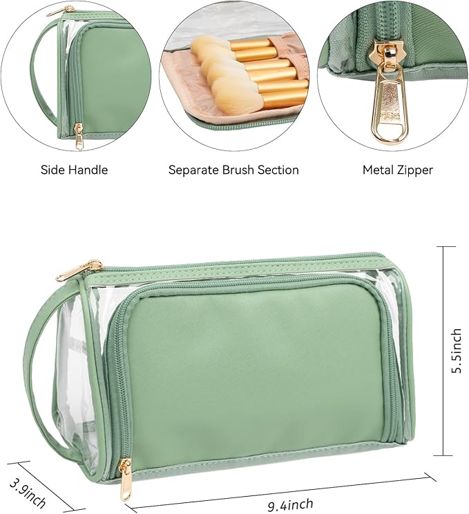 CUBETASTIC Clear Cosmetic Bags, Transparent Plastic Makeup Zipper Pouch Travel Makeup Up Organizer Case, Portable Cute Small Toiletry Bag with Handle and Side Compartment, Green
