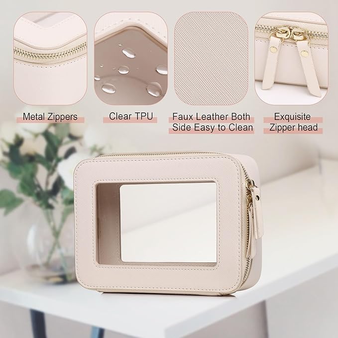Pinkmik Clear Makeup Bag for Women Waterproof Travel Cosmetics and Toiletries Case Portable Makeup Oaganizer Bag Clear Car Bag with Zipper (Beige, M)