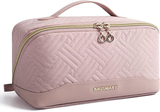 BAGSMART Makeup Bag Cosmetic Bag, Travel Makeup Bag,Water-resistent Makeup Bags for Women Portable Pouch Open Flat Make Up Organizer Bag for Toiletries, Brushes, Pink