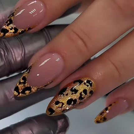 Press on Nails Medium Almond Fake Nails Bling Leopard French Tip Glue on Nails Glossy Gold Glitter Acrylic Nails Press ons Stiletto Artificial Stick on Nails for Women 24 Pcs