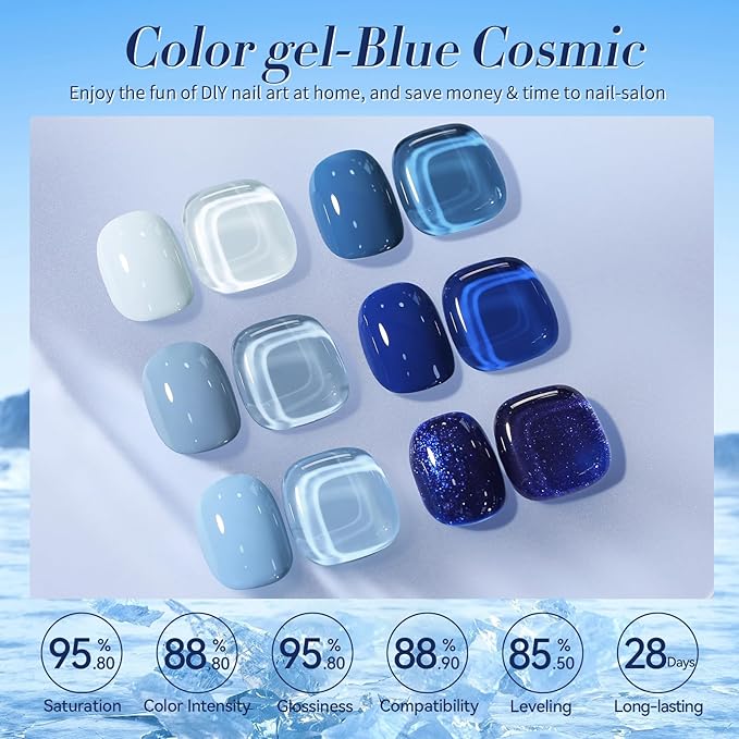 Born Pretty Blue Gel Nail Polish,Light Baby Sky Blue to Dark Navy Royal Shades 6 Colors Glitter Nail Gel Polish Kit Nail Art Manicure DIY Set Home and Salon Holiday Gifts
