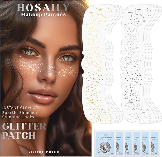 6 PCS Glitter Freckles Face Tattoo, Gold&Silver Waterproof Face Sparkle Glitter Speckles Patches for Women, Cute Star Metallic Glitter Temporary Tattoo Makeup Accessories for Festival #Set A