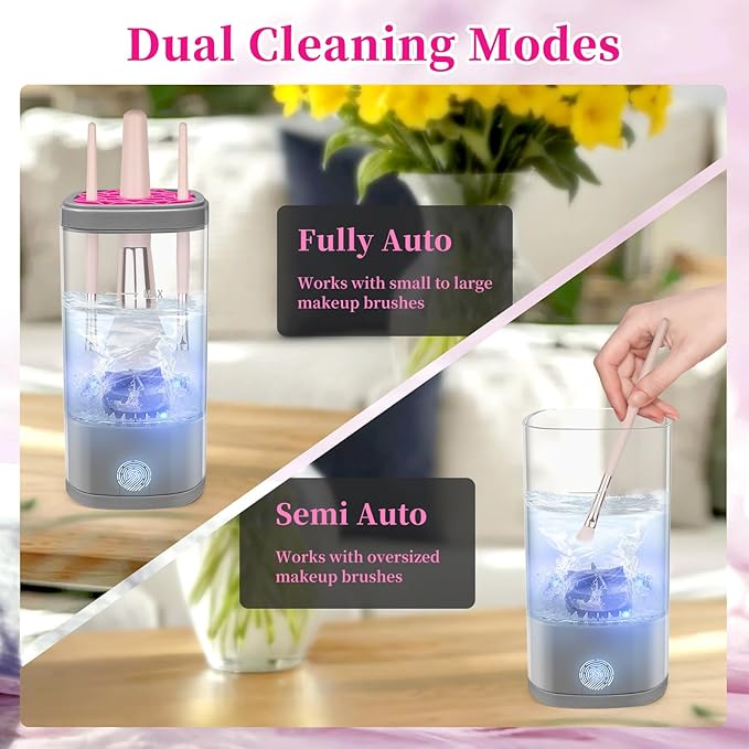 Electric Makeup Brush Cleaner Machine, Ultimate Efficient Automatic Cleaner for All Types of Makeup Brushes - Gray Pink