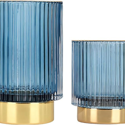 DASITON Makeup Brush holder Organizer,Crystal Cosmetic Makeup Brush Glass Brushes Storage Holder, Vintage Make Up Brush Cup Pen Pencil Holder striped vase(Blue S+L)