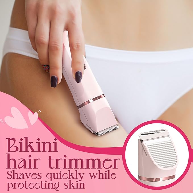 Bikini Trimmer for Women - Painless Electric Razors for Silk Skin,Cordless Body Shaver for Trip,Replaceable Lady Facial Razor, IPX7 Waterproof&Easy Cleaning, Ceramic Blade, USB Charge Dock Pink