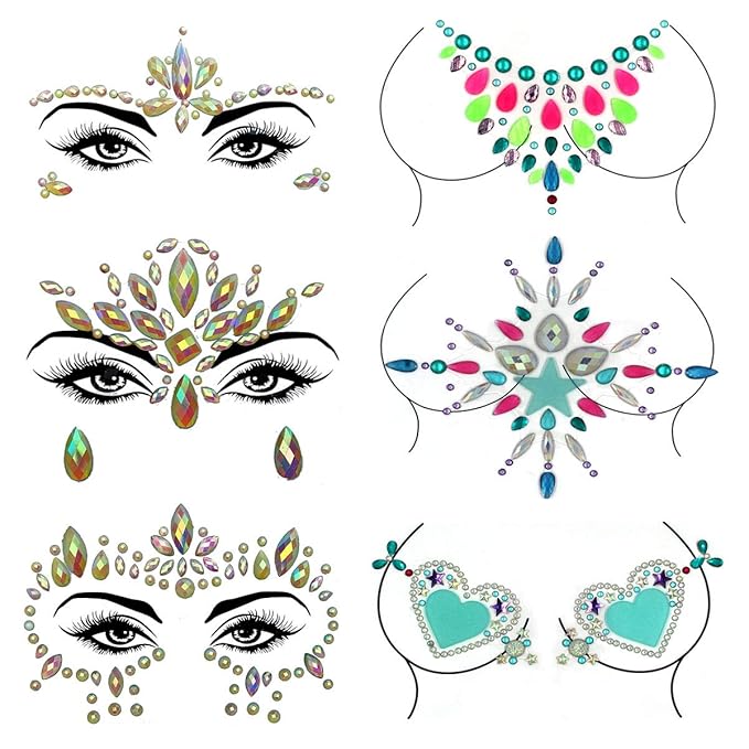 6Sets Noctilucent Face Gems Blacklight Body Stickers Glow in The Dark Lumino Face Jewels Fluorescent face Tattoo Crystals Rhinestone Sticker Body Jewelry Party Accessories for Halloween