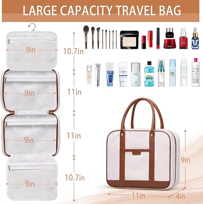 Hanging Travel Toiletry Bag,Large Capacity Cosmetic Travel Toiletry Organizer for Women with 4 Compartments & 1 Sturdy Hook,Perfect for Travel/Daily Use/Christmas