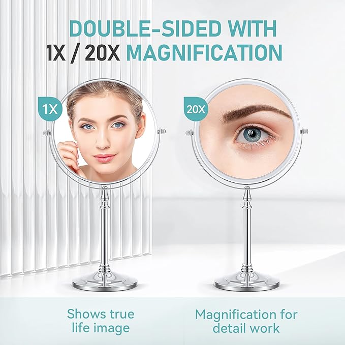 MIYADIVA Magnifying Mirror 20x, Double Sided 1X & 20X Magnifying Mirror on Stand, Large Tabletop Magnified Vanity Mirror, Magnified Mirrors with 360°Rotation for Bathroom or Bedroom,8 Inches
