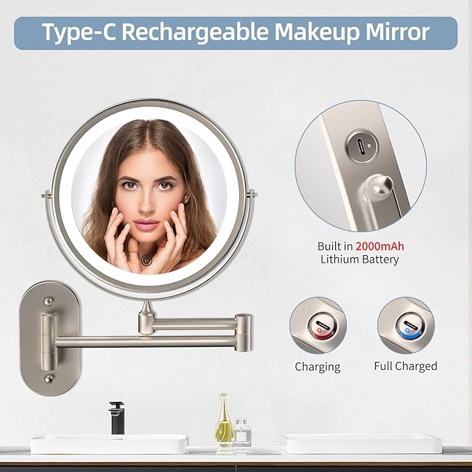 Rechargeable Wall Mounted Lighted Makeup Vanity Mirror 8 inch 1X/10X Magnifying Mirror with 3 Color Lights, Double Sided Bathroom Mirror with Dimmable LED Lights, Shaving Light up Brush Nickel