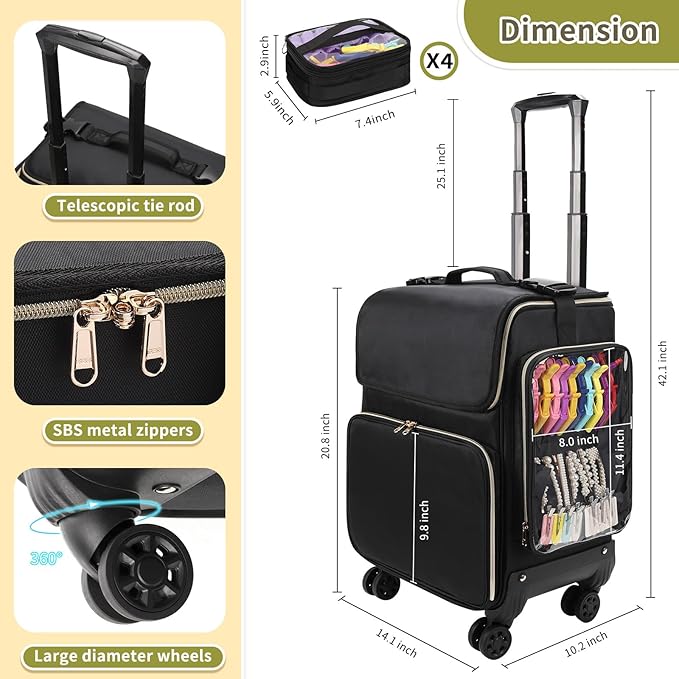 OCHEAL Hairstylist Traveling Case with 4 Clear Travel Makeup Bags Set, Cosmetic Makeup Trolley Train Case Hairdresser Case with Detachable Pouch & 360° Rotatable Wheels for HairdressingTool Organizer