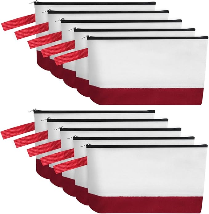 10 Pieces Cotton Canvas Makeup Bag with Bottom and Strap, Multi-Purpose Cosmetic Bag with Zipper Travel Toiletry Pouch, Blank DIY Craft Bag (White&Red, S)