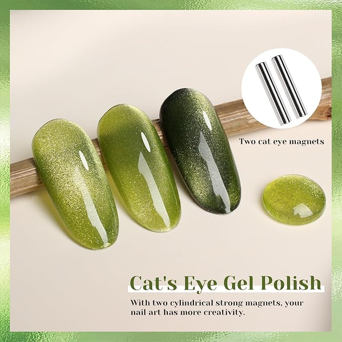 Lime Green Cat Eye Gel Nail Polish, 0.51 Fl Oz Crystal Glitter Holographic Cateye Magnetic Gel Polish for Manicure Salon or Nail Art Starter,Yellow Green Summer Fall Color Gel - GP0081