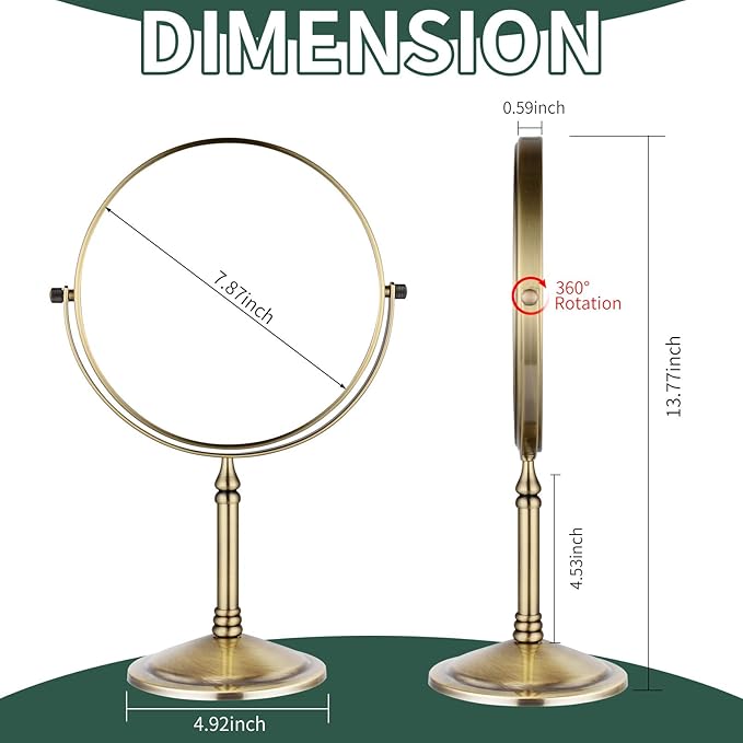 Nicesail Tabletop Makeup Mirror, Double-Side 1X-10X, 360 Swivel Magnifying Mirror for Table Desk Make up Vanity, No Light Antique Bronze (8 Inch, 10X)