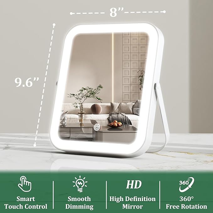 8x10 Inch Lighted Vanity Mirror, 3-Color Dimmable LED Lighting & Touch Control, Portable Makeup Mirror with U-Bracket for Travel/Dressing Room (White)
