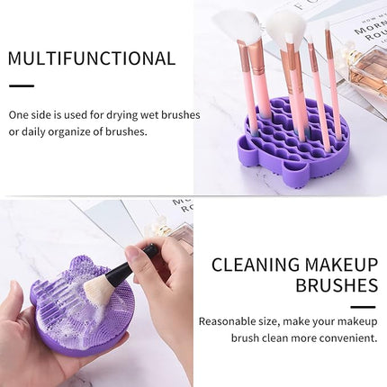 Silicon Makeup Brush Cleaner Mat with Brush Drying manual Make up brush cleaner cleanser machine Cosmetic Brush Cleaning Pad+Makeup Brush Dry Cleaned Quick Color Removal Sponge Scrubber Tool(Purple)