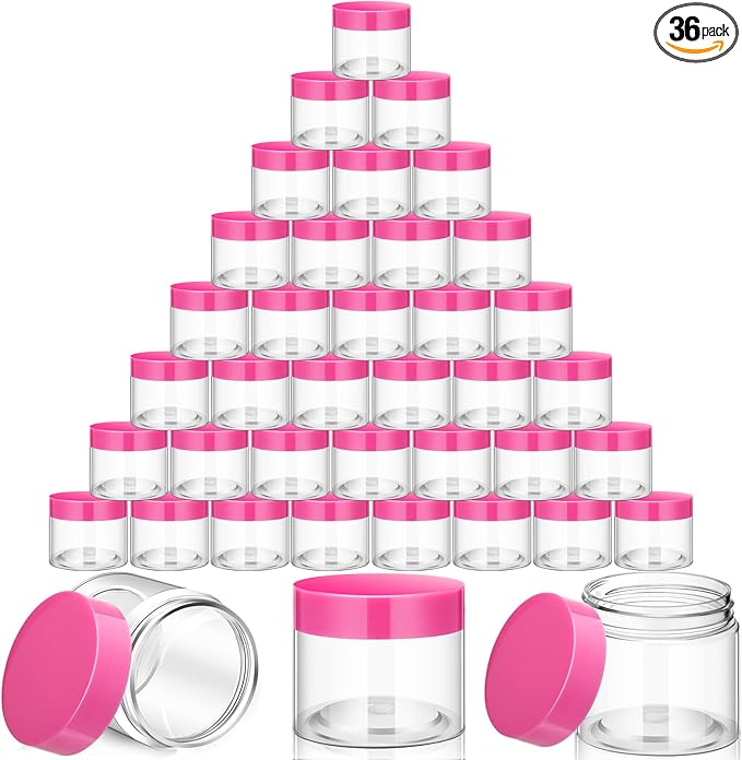SATINIOR 36 Pieces 2 oz Plastic Jars with Lids Wide Mouth Airtight Reusable Container Acrylic Cosmetic Small Jars for Lotions Ointments Travel Toiletries Creams Make up Storage(Pink)