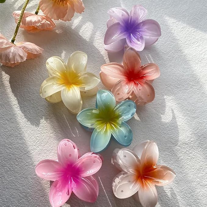 6Pack Plumeria Flower Hair Clips for Women - Gradient Big Flower Acrylic Hair Clip Sweet Hairpins Hair Clips Crab Clamps Barrettes Hawaiian Non-Slip Fashion Beach Hair Accessories