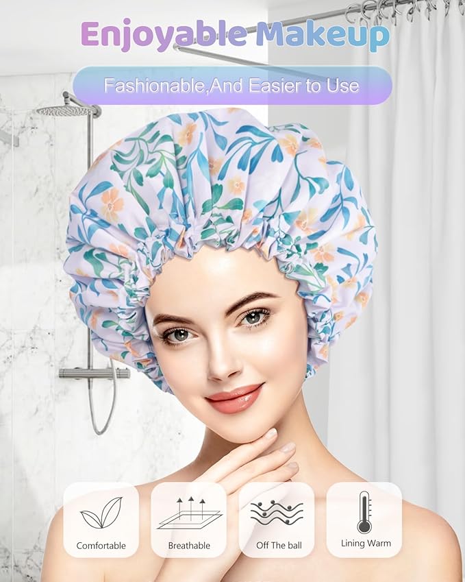 Aquior Shower Caps, Double Layer Waterproof Shower Cap for Women, Reusable Large Shower Cap for all Hair Lengths with EVA Lining, Soft Bath Shower Caps