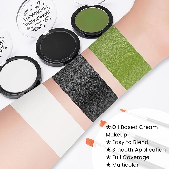 Ogre Green White Black Oil Based Face Paint Kit with Painting Brushes, Professional Greasepaint Halloween Face Painting Kit for Adult Cosplay Shrek Hulk Witch Grinch Carnival & Costume Party
