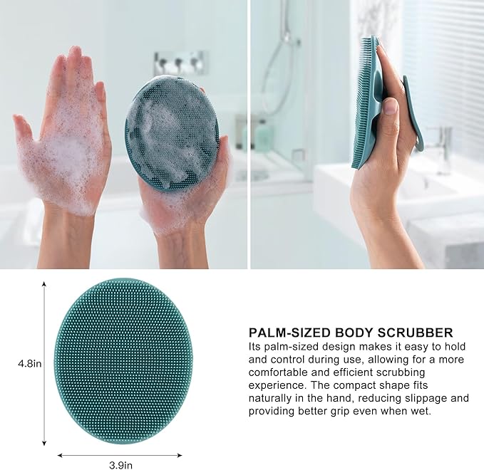 Soft Silicone Body Cleansing Brush Shower Scrubber, Gentle Exfoliating and Massage for All Kinds of Skin (Pink+Dark Green)
