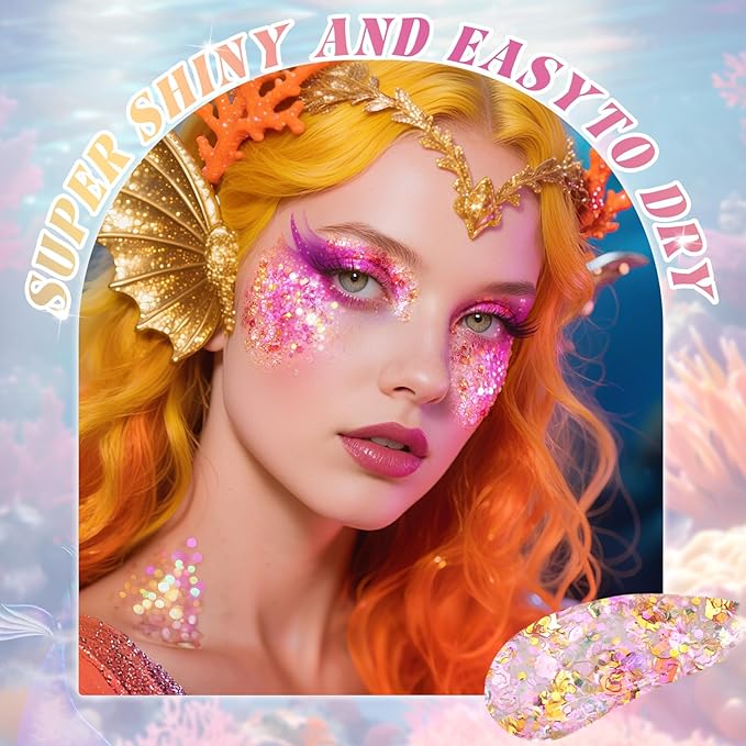 DAGEDA Pink Gold Body Glitter Gel,Sparkly Face Hair Eye Glitter Makeup,Quick-Drying Body Shimmer Holographic Sequins, Singer Concert, Festival Rave Makeup Accessories