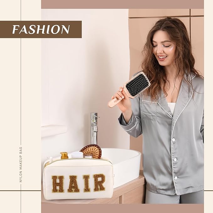 Cunno 4 Pcs Preppy Makeup Bags Chenille Letter Stuff Bag Nylon Cosmetic Pouch Cases with Zipper for Women Travel Toiletry