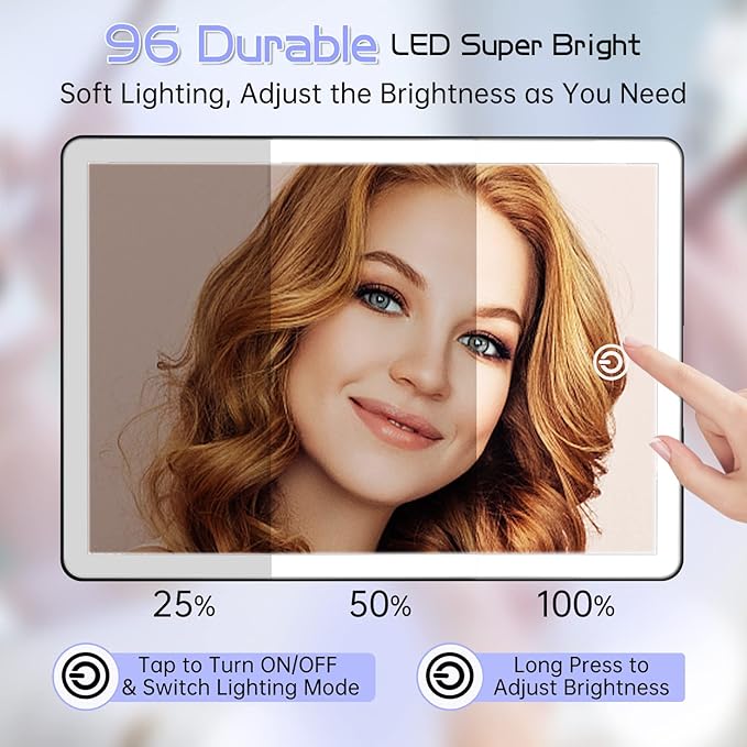 FUNTOUCH Rechargeable Makeup Vanity Mirror with Lights, Large Lighted Desk Makeup Mirror with 96 LED Lights and 10x Magnifying, 3 Color Lighting, Make up Light Mirror with Phone Holder