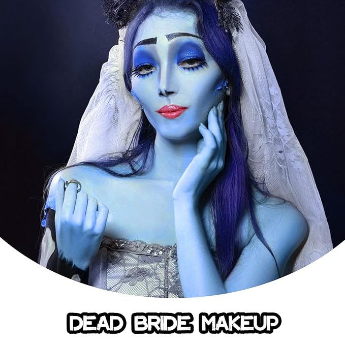 6 PCS Halloween Sally Makeup Set - Includes Light Blue Face Body Paint(60ml), Black Eyeliner, False Eyelashes, Red Lipstick - Oil-Based SFX Face Painting Kit for Costume, Cosplay, Dress-Up Party