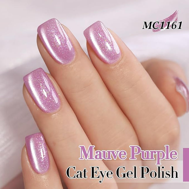 Double Rhythm 0.5 Oz Cat Eye Gel Polish with Magnet Same Color Same Bottle Holographic Glitter Shimmer Translucent Color Salon 15 ML Magnetic Nail Art (Mauve Purple-MC1161)