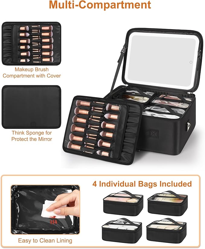 Relavel Extra Large Makeup Bag with LED Mirror, Cosmetic Train Case for Makeup Artists with 4 Removable Pouches and Adjustable Dividers, Hair Supplies Organizer, Travel Portable Mirror with Lights