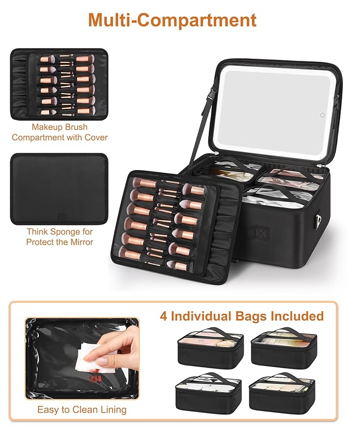 Relavel Extra Large Makeup Case with LED Mirror, Train Cosmetic Case with 4 Small Make Up Bag for Trip, Professional Makeup Organizer Storage with Detachable Dividers for Makeup Artists, Hairstylist