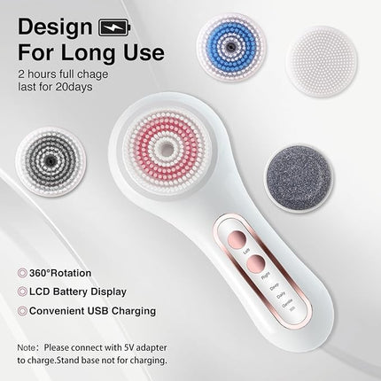 Electric Facial Cleansing Brush, 2-Way Rotating Face Scrubber for Daily & Deep Cleaning, 3 Modes, 5 Brush Heads, Rechargeable, IPX7 Waterproof for All Skin Types