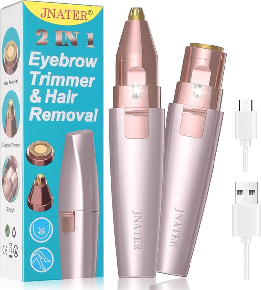 Eyebrow Facial Hair Remover - 2 in 1 Rechargeable Eyebrow Trimmer and Facial Hair Removal for Women, Painless Electric Hair Removal Device with LED Light for Face Eyebrows Peach Fuzz Lip Body