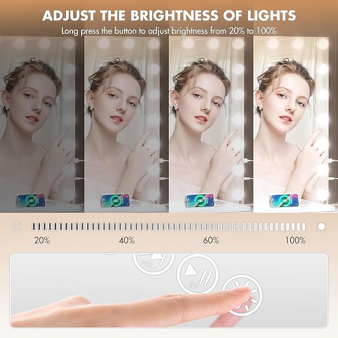 Hasipu Vanity Mirror with Lights and Bluetooth Speaker, 40" x 29" Hollywood Makeup Mirror with 21 Dimmable Bulbs and 10X Magnification, 3 Colors Modes, USB Charging Port, Type-C (White)