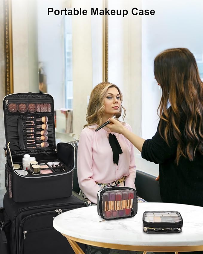 Large Makeup Carrying Train Case, Makeup Bag with 2 Small Bags, Professional Makeup Artist Bag Tattoo Case Travel Makeup Organizer Box with Adjustable Dividers and Shoulder Strap (Black)