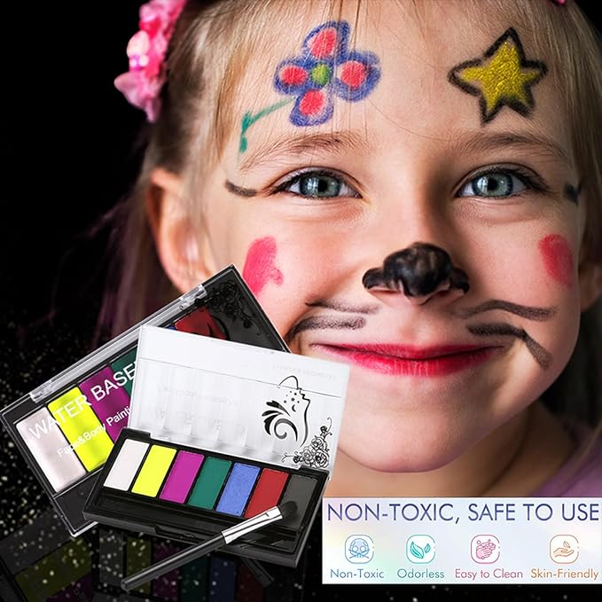 Face Body Paint Kit for Kids Adults,7 Vibrant Colors Water Activated Professional Facepaint with Brush, Non-Toxic for Halloween, Parties, Carnival, School Event, Festivals