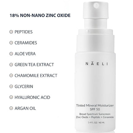 NAELI Anti Aging Tinted Moisturizer SPF 50, Mineral Sunscreen for Face with Zinc Oxide, Peptides & Ceramides, Natural Hydrating Universal Tint - 1.4 oz