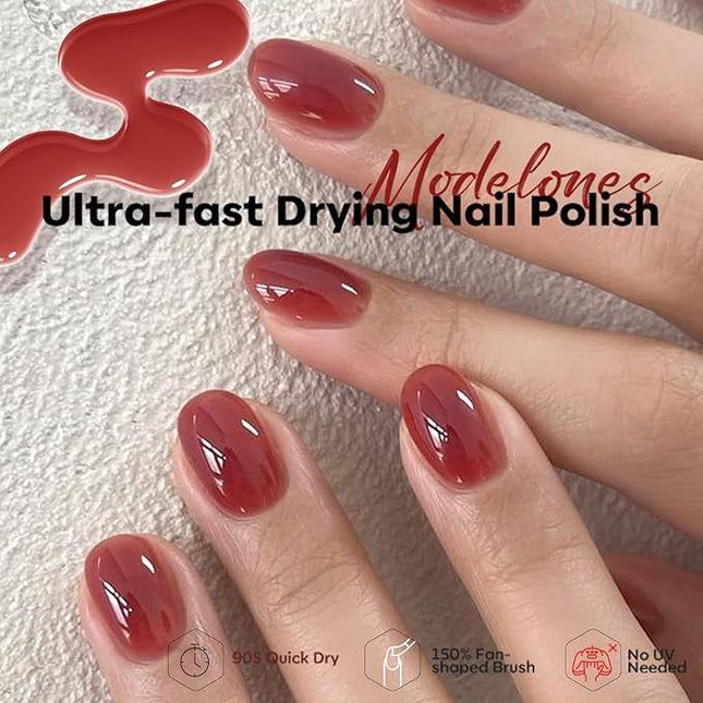 modelones Jelly Red Nail Polish, Valentines Sheer Dark Red Clear Semi-Transparent 15 ml Quick Dry Nail Lacquer Strengthener Long Last Finger Toe Nail Art DIY Manicure Gift for Women Girls