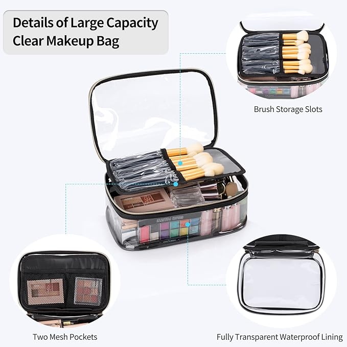 OCHEAL Clear Makeup Bag, Portable Cosmetic Organize,Travel Makeup Bag Cute Clear Pouch For Women and Girls Cosmetics Bags with Divider Makeup Brush Compartment-Large
