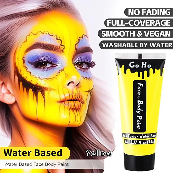 Go Ho Yellow Face Body Paint Washable(2.37oz/pc),Water Based Cream Full Yellow Body Paint for SFX Cosplay Costumes Festivals Halloween Makeup