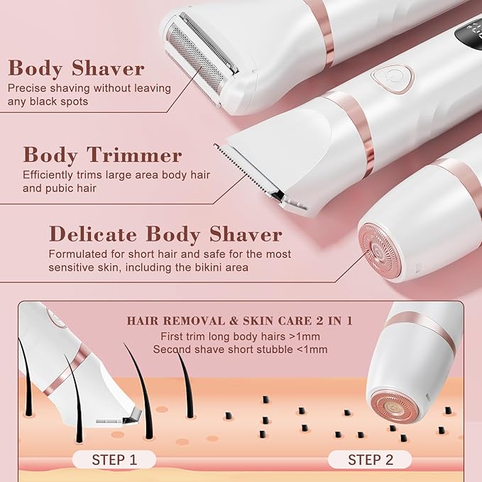 Bikini Trimmer for Women, 3-in-1 Waterproof Electric Shaver, Cordless Pubic & Body Hair Trimmer, Facial Shaver, Easy-Clean Razors with Ceramic Blade, Type-C Rechargeable, Led Display