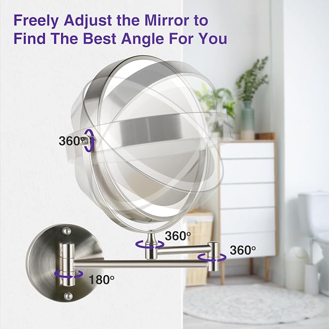 Magnifying Mirror with Lights 1x/15x: 8.5" Double Sided Wall Mounted Lighted Makeup Mirror for Bathroom, Brushed Nickel