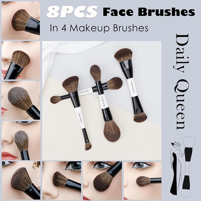 Portable Makeup Brush Set 8pcs Dual Kabuki Powder Concealers Eye shadows Blush Eyeliner Eyebrow Contour Eye blending Brushes (8 IN 16 brush set with waterproof bag)
