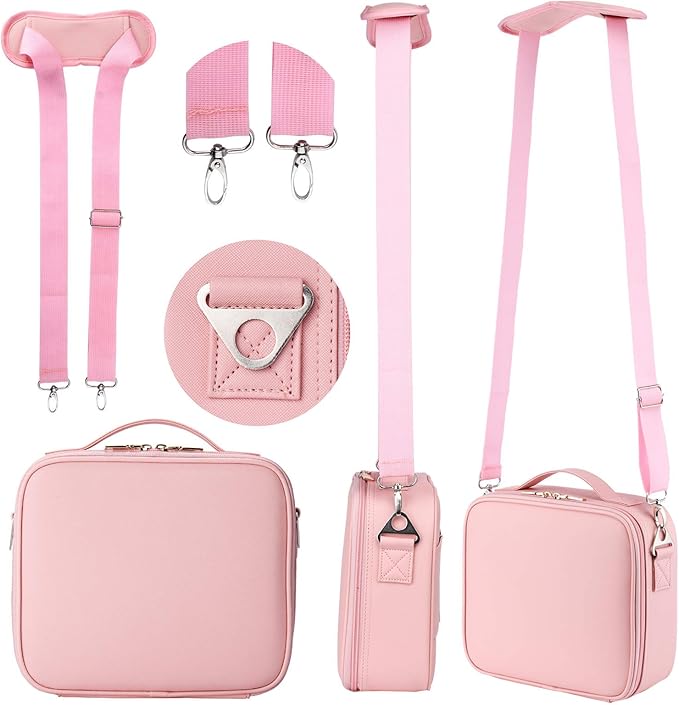 Travel Makeup Bag Organizer, 10.2 Inches Portable Makeup Train Case Cosmetic Brush Artist Storage Bag with Adjustable Dividers and Shoulder Strap (Pink)