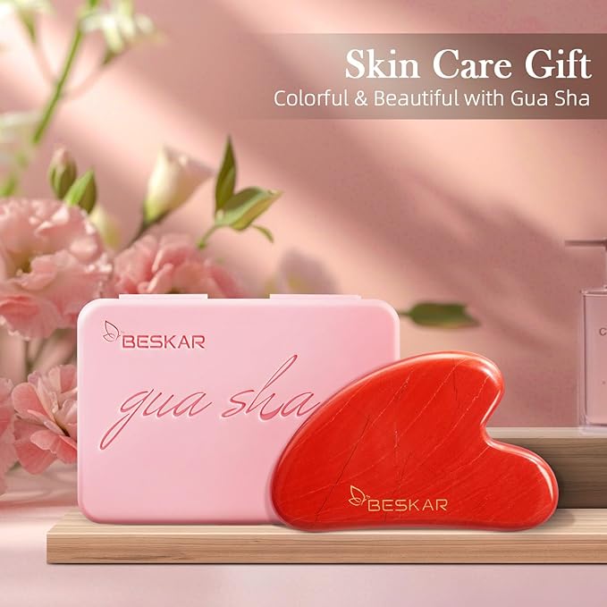 BESKAR Gua Sha Facial Tools, Natural Jade Stone Guasha Massager for Jawline Sculpting, Tighten Face Skin and Reduce Wrinkles, Face Eyes Body Neck Massage Tool, Skin Care Gift (Red)