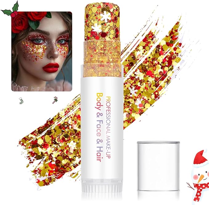 Christmas Body Glitter Stick Glod Face Glitter Green Hair Glitter Christmas Face Paint Rave Makeup Glitter Festive Face Gems Halloween Fine Chunky Glitter Stick for Women Girls 2Pack