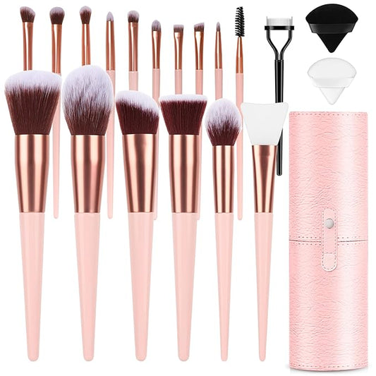 Makeup Brush Set, 17PCs Makeup Brushes with Foundation Eyebrow Blending Concealer Blush Eyeshadow Contour Lash Powder Brush, Make Up Brushes Kit with Organizer Travel Case (Medium, Pink)