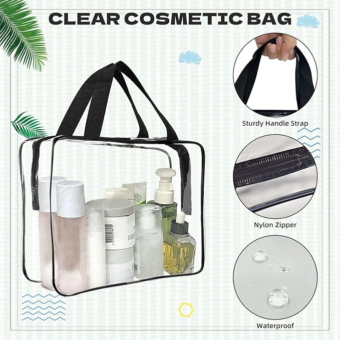 GEMLORD 12 Pieces Large Clear Cosmetic Organizer Makeup Bag, Clear PVC Travel Toiletry Bags with Zipper and Handle, Plastic Tote Bags for Beach, Traveling, Shopping, Storage