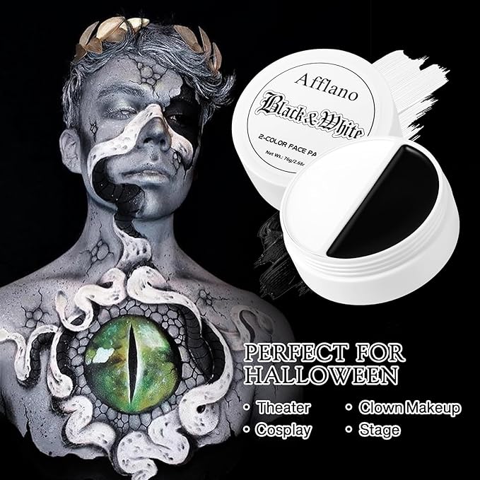Black and White Face Paint, Halloween Clown Makeup Goth Greasepaint for Kids and Adult, Long Lasting Oil Based Cream Full Face Body Paint for Joker, Skeleton, Cosplay, SFX, Zombie, Theater, Stage